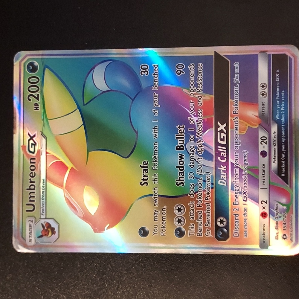 Stage 1 GX Rainbow Holographic Umbreon Pokemon Card with Dark Energy Card